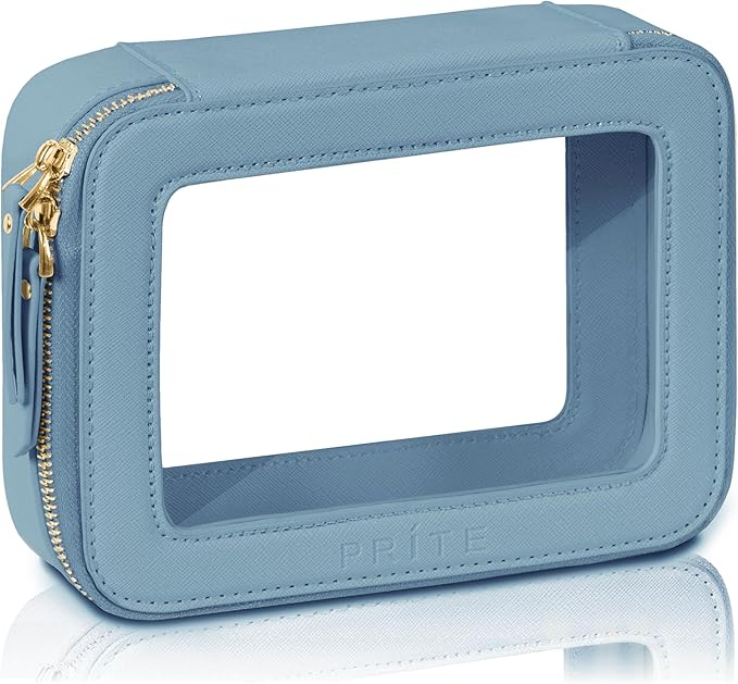 Prite Clear Makeup Bag Cosmetic Organizer Case Waterproof Travel Toiletry Bag Skincare Pouch with Golden Zipper (Blue)