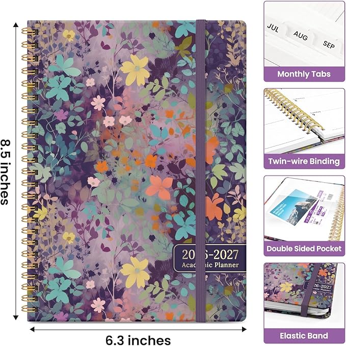 Planner 2026-2027, Academic Year Weekly and Monthly Calender Planner, from Jul 2026 - Jun 2027, Spiral Bound School Planning Book, Perfect for Teacher, Student, Women & Men, A5 (6.3" x 8.5"), Lavendar Floral