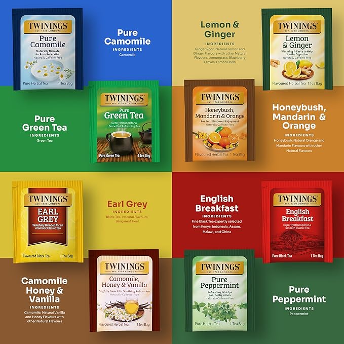 Twinings 48 Tea Bags Herbal Variety Pack – 8 Flavors Individually Wrapped, Mix of Black, Green, and Herbal Teas, Perfect Tea for Any Occasion