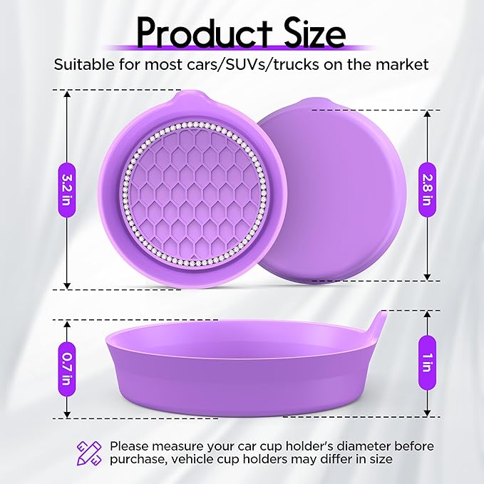 Amooca Car Cup Coaster Universal Non-Slip Cup Holders Bling Crystal Rhinestone Car Interior Accessories 2 Pack Purple