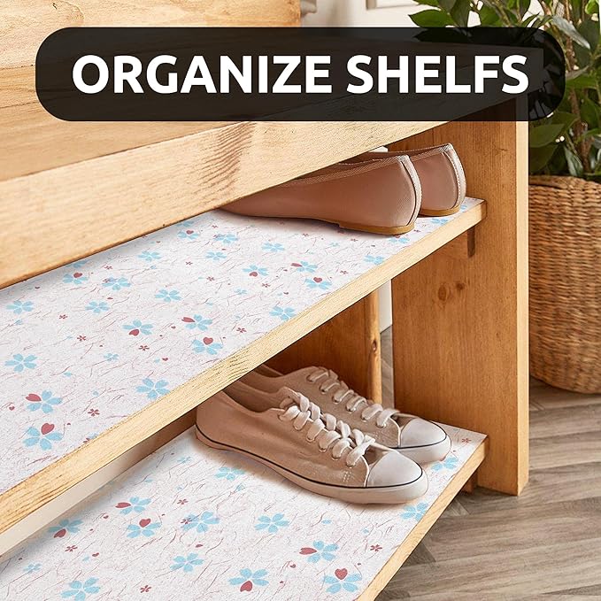 RAY STAR 18X96 Inch Shelf Liner for Kitchen Cabinets, Non-Adhesive Washable Cabinet Liner, PVC Non-Slip Drawer Liner for Dresser Bathroom (Blue-Floral) (3 Rolls)