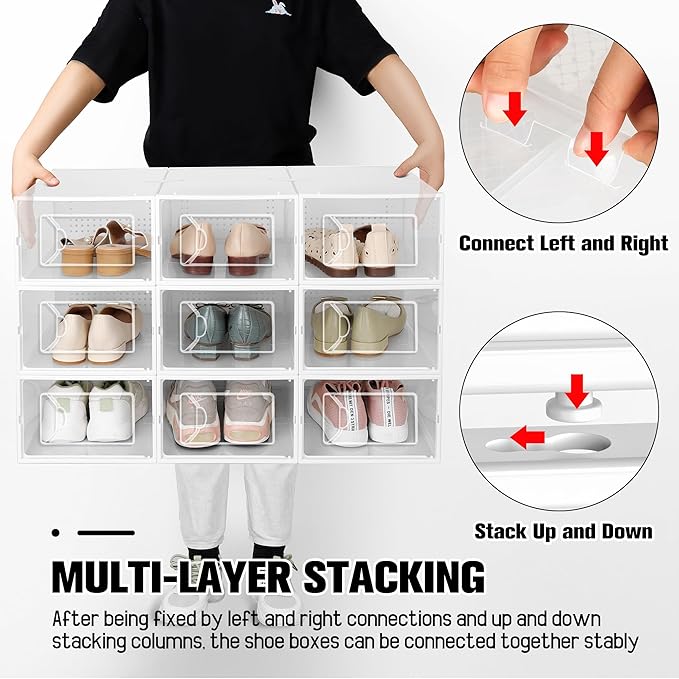 Kuject 15 Pack Shoe Storage Boxes, Large Clear Plastic Stackable Shoe Organizer for Closet, Connect Left and Right Shoe Boxes Case Container Bin for Entryway, Drop Front, Fit for Size 10 (White)