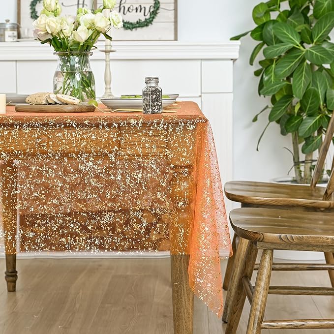 Horaldaily Orange Gold Gauze Tablecloth 60x84 Inch Rectangular, Orange Sequin Glitter Metallic Foil, Sheer Tulle Cheesecloth for Wedding Baby Shower Ceremony Birthday