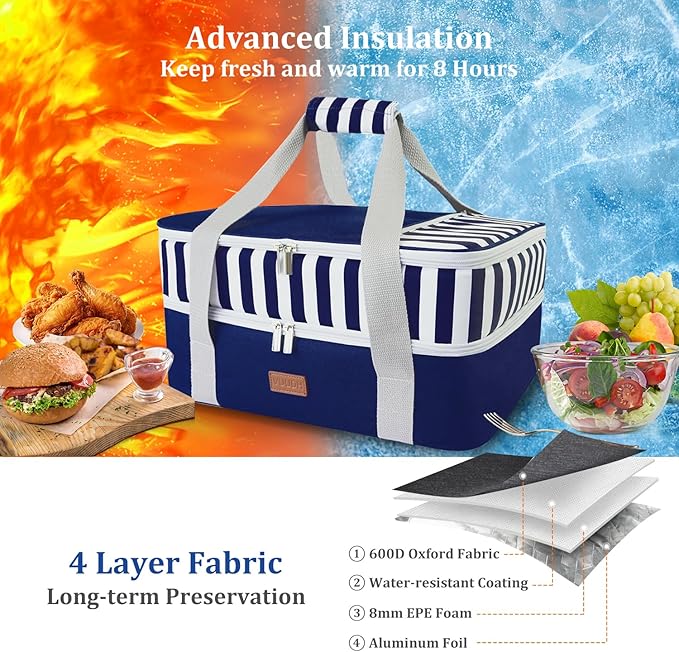 Vuudh Casserole Carrier Bag - Double Decker Food Bag, Insulated Casserole Carrier for Hot or Cold Food, Lasagna Holder Tote for Picnics,Beaches,Traveling or Gifts (Blue)