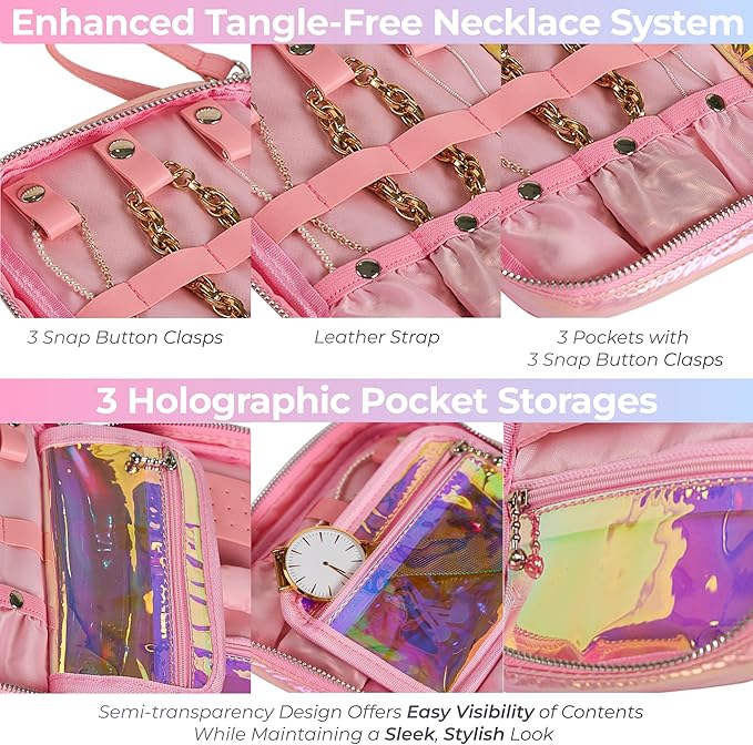 Travel Jewelry Organizer Case with Zipper and Mirrored Charm, Small Portable Jewelry Storage Bag for Rings, Necklaces, Earrings, Travel Pouch, Christmas Winter Gift for Her, Holographic Pink