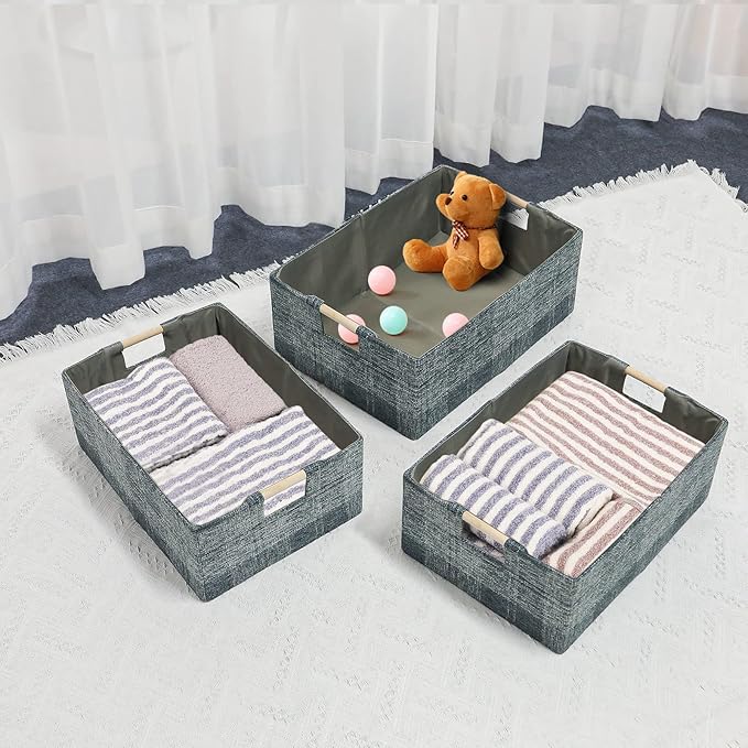 Fabric Storage Bin Box Collapsible Cotton Linen Storage Cube with Wooden Handles Rectangular Decorative Home Organizer Clothes Blanket Basket– Dark Gray Plaid, Large