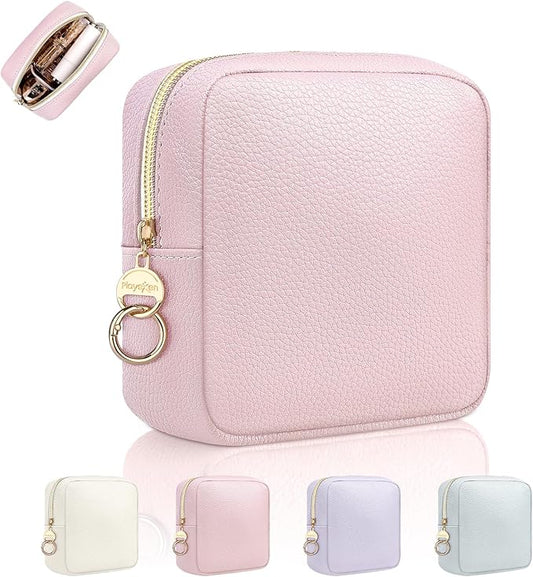 4.9" Small Makeup Bag for Purse, PU Leather Mini Cosmetic Bag with Ring Buckle, Portable Small Makeup Travel Toiletry Pouches for Women, Birthday/Wedding/Christmas Gifts (Pink)