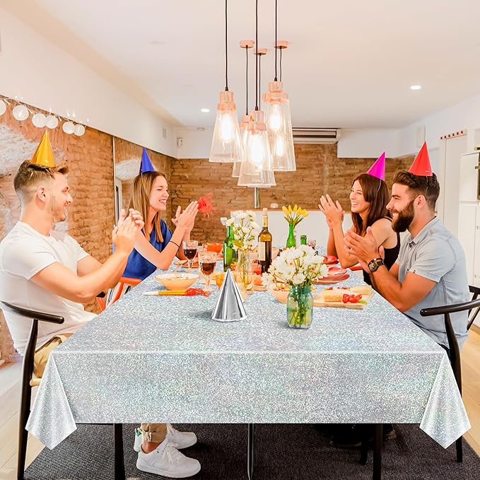 Just Shimmer Sparkling Holographic Laser Tablecloth - Shimmering, Waterproof, Easy to Clean - Ideal for Bachelorette, Mermaid, Birthday, Wedding, and Anniversary Party Decorations (Gold & Silver, 2)