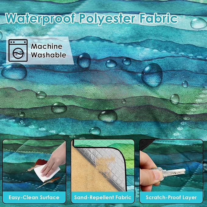Waterproof Picnic Outdoor Blanket, 79" x 59" Sandproof Foldable Large Picnic Blanket for Beach, Camping, Park, Travel, Concert, Great Gift for Families and Couples (Green Waves)