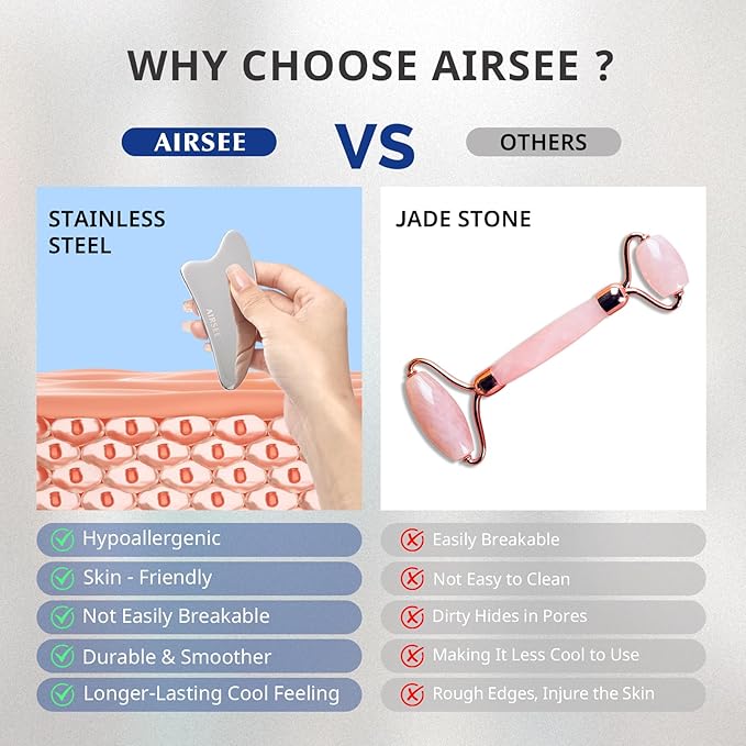 AIRSEE Gua Sha Facial Tools, Stainless Steel Gua Sha Board, Tighten Skin Massage, Beauty Tool for Body Eyes Neck Metal Massager with Travel Pouch Skin Care Gifts (Silver)