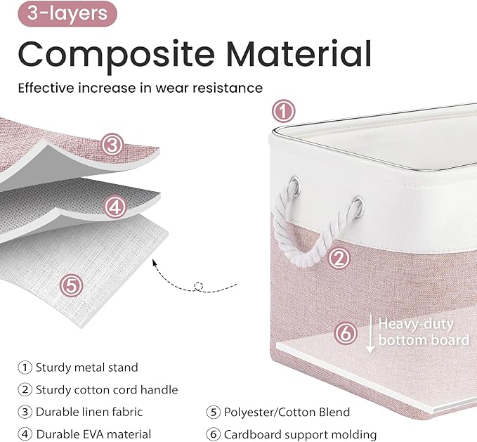 VQRTEXA Large Storage Baskets - 15x11x10 inch Storage Bins for Shelves and Closet Organizing, Foldable Fabric Bin for Home Organization Clothes and Laundry (6-Pack, White&Pink)