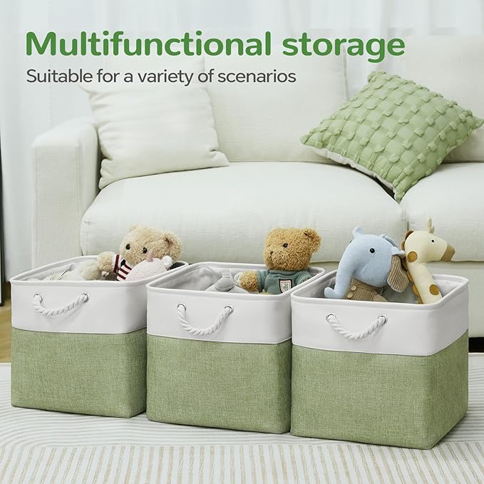 VQRTEXA 12 x 12 Inch Cube Storage Bins, 4 Pack Fabric Storage Basket with Handles, Foldable Boxes Organizer for Shelf Baskets for Home, Clothes (White/Green)