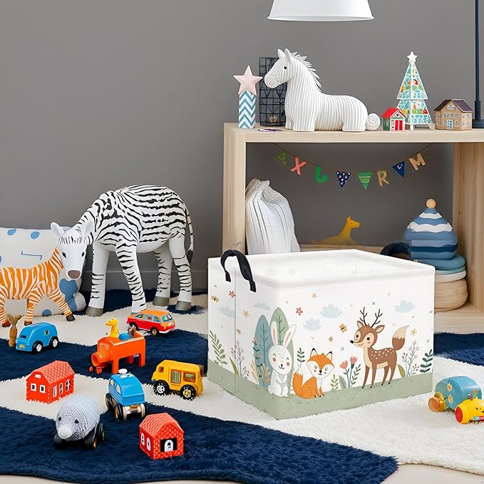 Rectangular Kids Storage Basket Baby Storage Basket with Handles for Home Kitchen Boys and Girls Cute Toy Storage Bin Organizer Shelf Book Room Decor(Flower Animal)