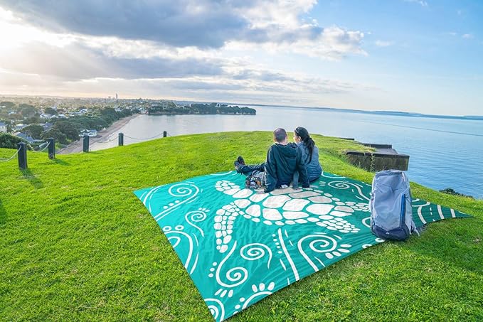 WEKAPO Beach Blanket Waterproof Sandproof Oversized Extra Large Sand Free Beach Mat with Stakes, Storage Bag - Essentials for Outdoor Beach, Picnic (Gradient Teal Sea Turtle, 11 X 9 FT (1~10 Person))