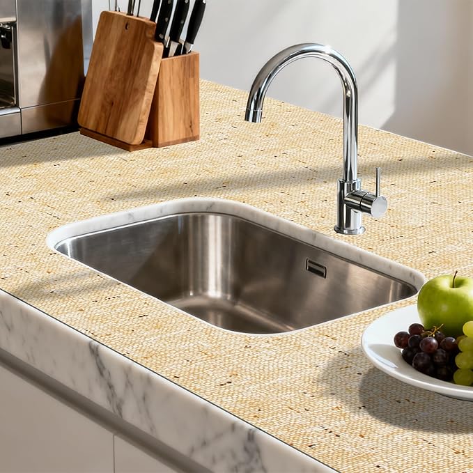 FIFTY FEET 12"x120" Non-Adhesive Shelf Liner for Kitchen Cabinets and Drawers, Washable Non-Slip PVC Cabinet Liner (Yellow)(7 Roll)
