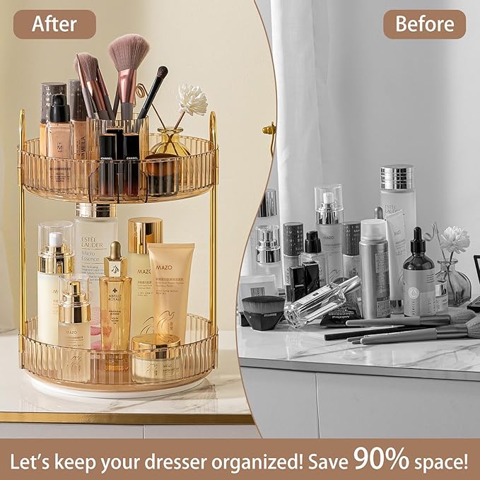 Rotating Makeup Organizer for Vanity, High-Capacity Skincare Clear Make Up Storage Perfume Organizers Cosmetic Dresser Organizer Countertop 360 Spinning (Gold, New-2 Tier)
