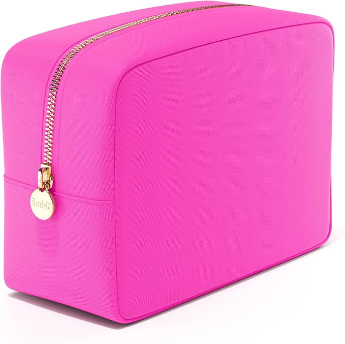 Embla Makeup Bag Travel Cosmetics Pouch and Toiletry Bag, Nylon Zipper Pouch Purse, Cute Make Up Organizer Storage Tote for Women Girls, Travel Skincare Case, Large Makeup Bags, Bubblegum