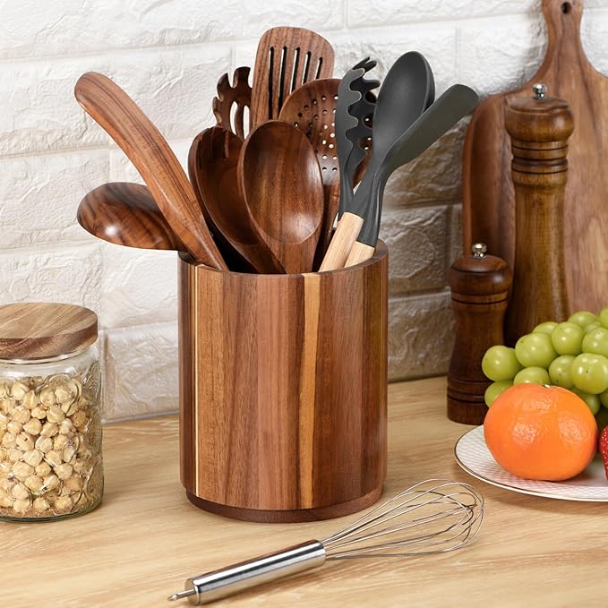 Wooden Utensil Holder,360°Countertop Rotating Extra Large Cooking Utensil Holder 7.6" Kitchen Holder,Kitchen Utensil Organizer for Countertop Farmhouse Decor