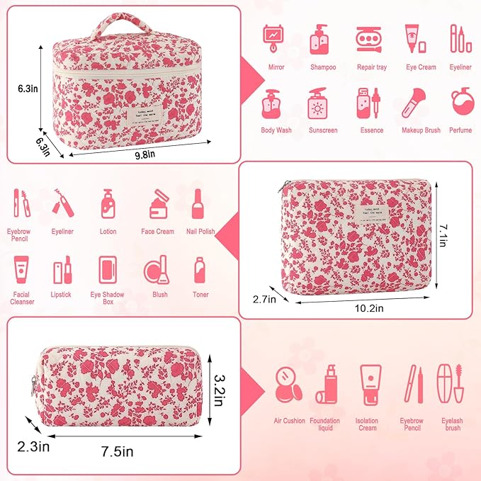 3Pcs Cotton Quilted Makeup Bag for Women Large Small Travel Cosmetic Bag Set Cute Pink Floral Print Makeup Pouch for Purse Portable Skincare Bags Coquette Vintage Puffy Travel Essential