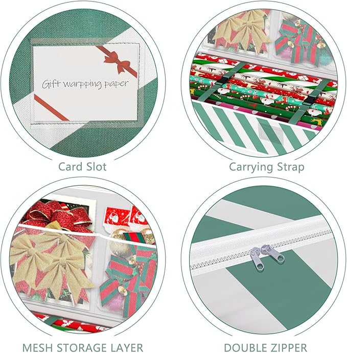 Safana 2 Pack Wrapping Paper Organizer Storage Bag, 42" Durable 600d Oxford Gift Wrapping Organizer Box Under Bed Storage Containers for Decorations Paper Rolls, Ribbons, Balls, Bows (Green Stripe)