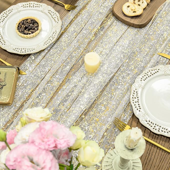 Horaldaily Beige Gold Gauze Tablecloth 52x70 Inch Rectangular, Golden Sequin Glitter Metallic Foil, Sheer Tulle Cheesecloth for Wedding Baby Shower Ceremony Birthday