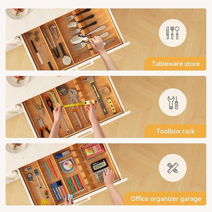 Yofidra Bamboo Silverware Organizer, 16.53 x 10.3 x 1.96 Inches Kitchen Utensil Drawer Organizer, Silverware Tray for Drawer with Fixed Slots for Spoons, Forks & Knives, Natural
