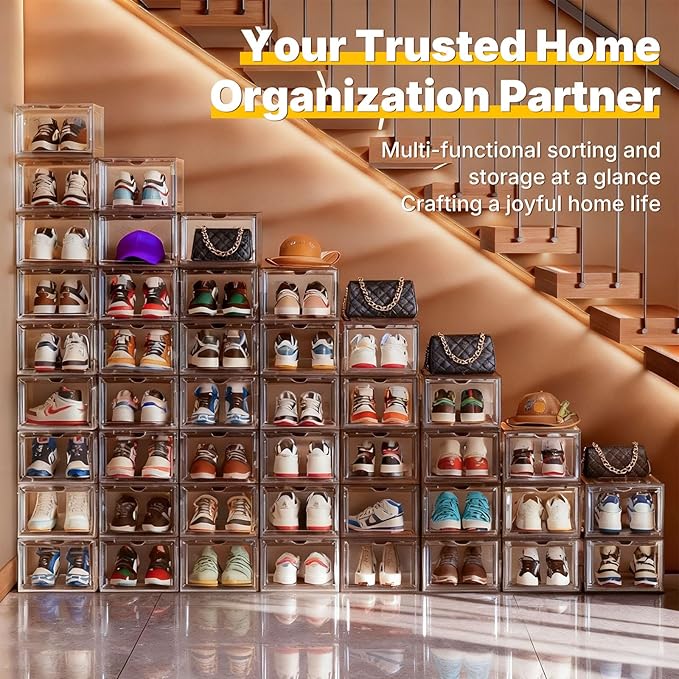 6 Pack Large Drop-Front Black Transparent Shoe Boxes, Stackable Sneaker Storage Container for Closet, Fits US Size 13+, Magnetic Front Door, Heavy-Duty Reinforced Plastic Shoe Organizer