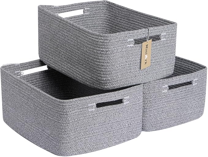 MiniArk Large Storage Baskets for Shelves, Closet Organizer Bins for Clothes, Blankets, Towels, Baby Nursery, Toy Baskets Box, Woven Rope Baskets, 17 x 13 x 7.5”, 3 Packs Mixed Grey
