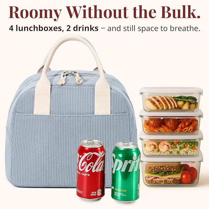 LOVELYWIND Insulated Lunch Bag for Women Men, Stylish Corduroy Tote Bag with Aluminum Lining, Large Capacity Reusable Cooler for Work, Travel, or Beach, Dusty Blue Lunch Box