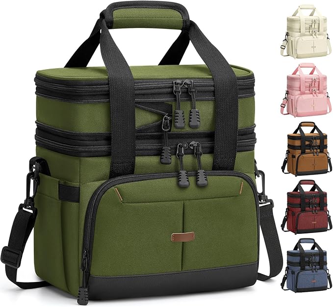 Pritent Lunch Box For Men Women Double Deck Insulated Lunch Bag For Men Woman Leakproof Expandable Cooler Bag with Adjustable Shoulder Strap for Work Shool Picnic(Green,Medium)