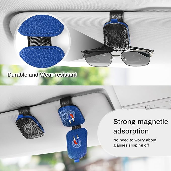 SINGARO Sunglasses Holder for Car, Leather Magnetic Buckle Sun Visor Sunglass Clip, Ticket Card Storage Glasses Clip, Car Interior Accessories for Men and Women（Black-Blue）