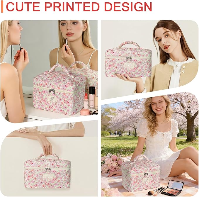 Gosect 1pc Large Makeup Bag, Cute Cosmetic Bag for Women Girls, Floral Coquette Aesthetic Toiletry Bag, Travel Makeup Organizer Bag (Pink Floral Print)