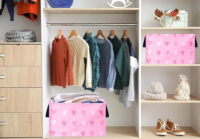 Rec Pink Heart Print Box Hamper Storage Basket Collapsible Organizer Bin Gift Shelf Baskets for Home and Kitchen Storage
