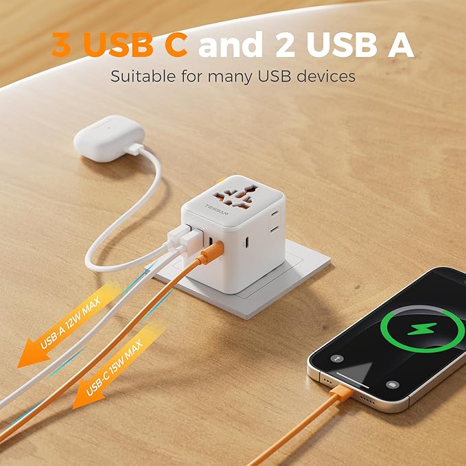 TESSAN Universal Travel Adapter, International Power Adapter with Extra 2-Prong AC Outlet, 5 USB Ports (3 USB C), 28W Worldwide Plug Adapter for US to Europe UK Australia Ireland (Type C G A I)