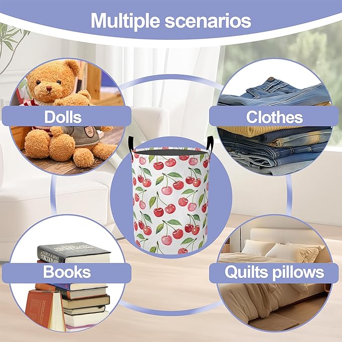 Cute Cherry Laundry Hamper Large Canvas Fabric Lightweight Storage Basket/Dirty Clothes Collapsible Waterproof for College Dorms, Boys and Girls Bedroom, Bathroom