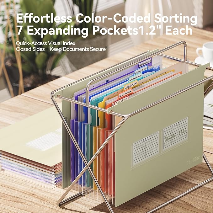 ThinkTex Plastic Expanding Hanging File Folders, 7 Innovative 1.2" Accordion Pockets, Large Capacity, Multi-Color Tabs, Letter Size for Filing Cabinet - Yellow