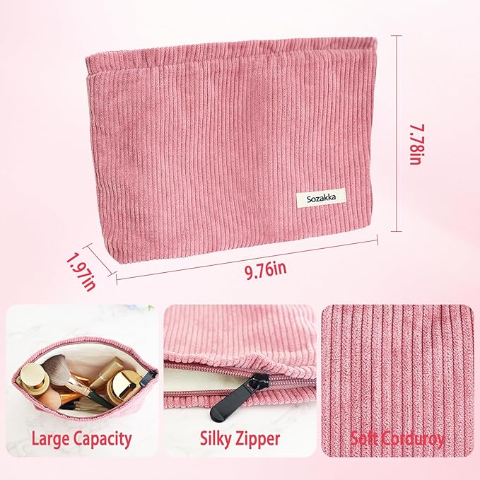 ZLFSQR Corduroy Makeup Bag for Women Small Corduroy Cosmetic Bag Large Cute Travel Makeup Pouch for Purse Pink Cloth Cosmetic Pouch Zipper Storage Organizer Canvas Toiletry Bags