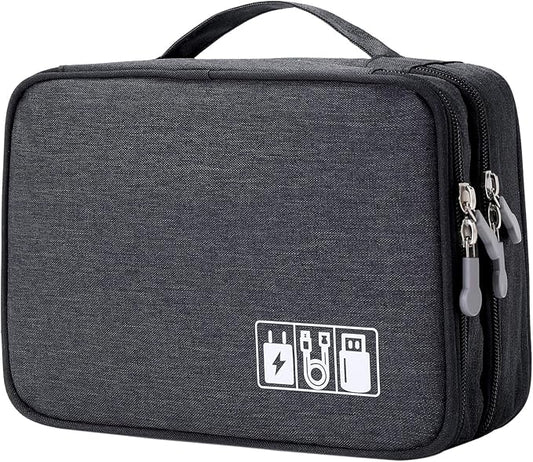 Lanola Travel Cable Organizer Bag, Electronic Accessories Case Portable Double Layer Cable Storage Bag for Cord, Phone, Charger, Flash Drive, SD Card, Personal Items - (Black)