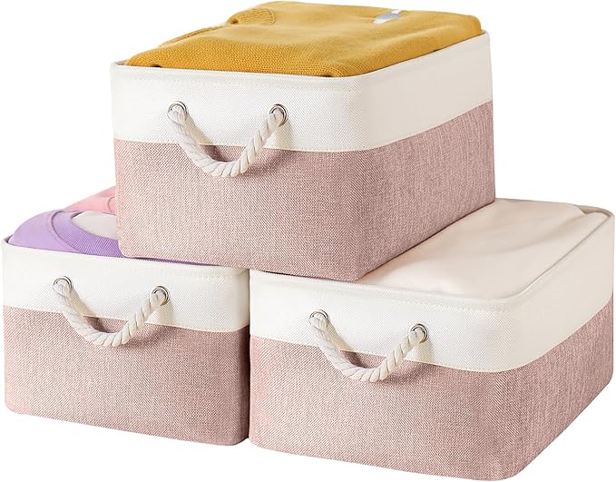Storage Bins with Sturdy Cotton Handles(3 Pack), Fabric Storage Baskets for Organizing use for Office & Home, Book, Clothes, Toys, Closet Boxes(Medium, Pink-White, 14.2x10.2x7.1 inches)