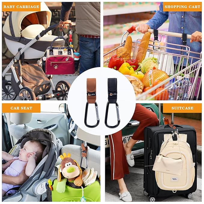 6 Pcs Baby Stroller Hooks for Hanging | Multipurpose Stroller Straps with Durable and Stylish Stroller Clips for Diaper Bags | The Perfect Mummy Hook for Stroller, Walker and Shopping (Brown & Black)