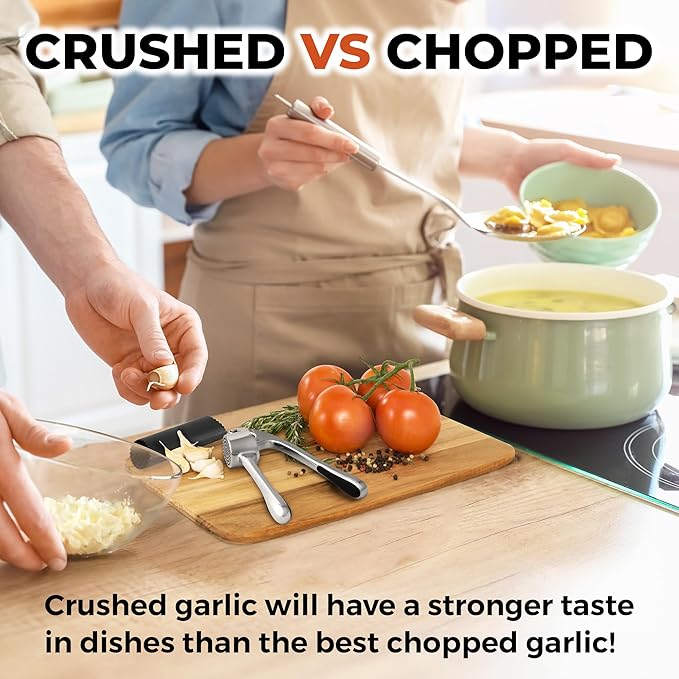 Zulay Kitchen Large Premium Garlic Press Set - Bigger Bowl for Bigger Garlic - Rust Proof & Dishwasher Safe Garlic Mincer Tool - Easy-Squeeze, Easy-Clean Silicone Garlic Peeler & Brush (Chrome)