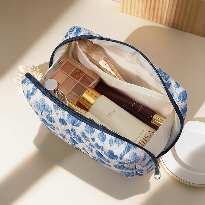 TOPEAST Christmas Gifts for Women Girls - 3Pcs Makeup Bag Large Cotton Travel Makeup Bags, Cute Quilted Floral Cosmetic Organizer Portable Brushes Toiletry Bag Set, Blue Floral
