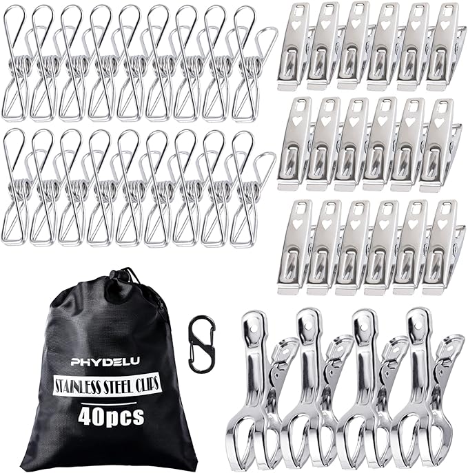 (40 PCS) Stainless Steel Clothes Pins Heavy Duty Outdoor, Mini Laundry Clothespins, Small Metal Bag Chip Clips, Food Packages, Clothesline Sock Snack Clips, PHYDELU