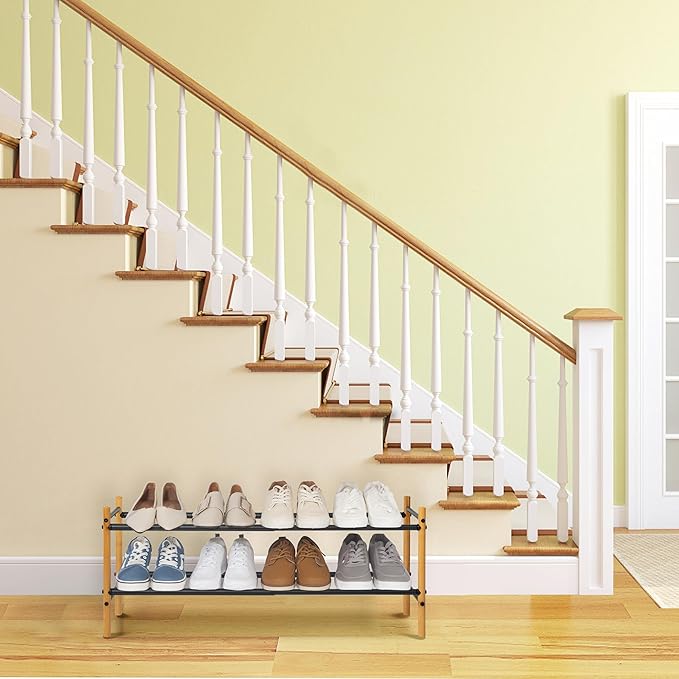 STORAGE MANIAC Expandable Shoe Rack, 8 Pairs Stackable Small Shoe Rack, Metal Adjustable Shoes Organizer for Closet, Entryway, Hallway, Garage, Front Door, Shoe Shelves, Bamboo 2 Tier
