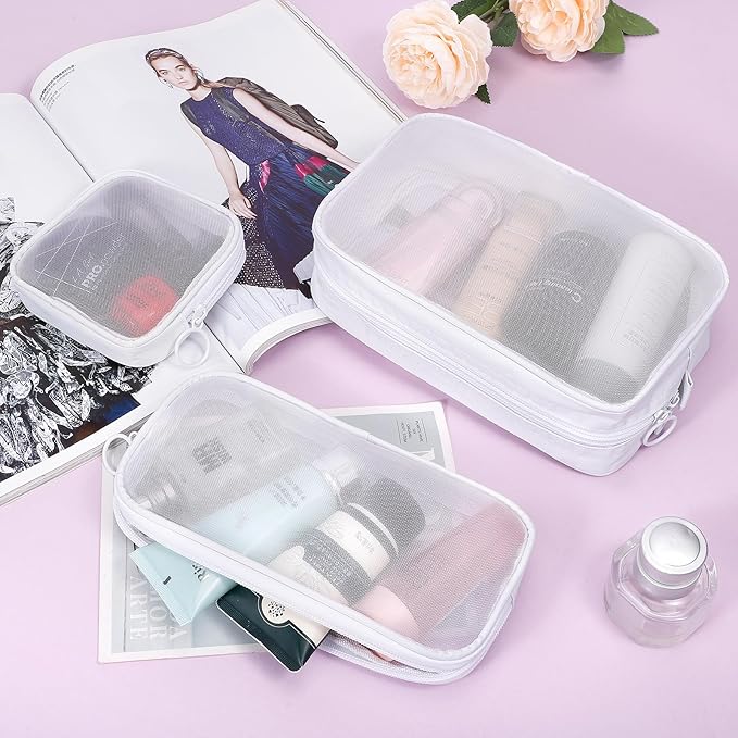 5 Pieces Mini Zipper Nylon Mesh Pouch, Mesh Cosmetic Bags Makeup Bags, Multipurpose Travel Toiletry Bags for Office Supplies and Travel Accessories (White, Assorted Sizes)