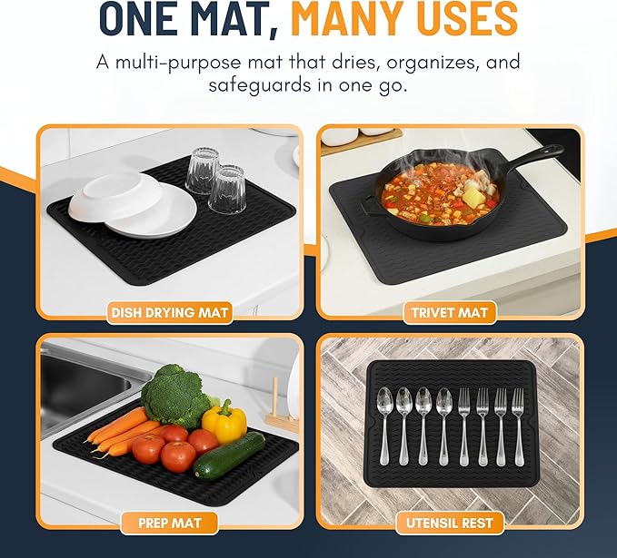 Silicone Dish Drying Mat for Kitchen Counter - Multi-Use 16 x 12 Inch Pad, Non-Slip & Heat-Resistant, Perfect Dish Drainer Mat by Linda’s Essentials, Ideal Kitchen Accessory (Black)