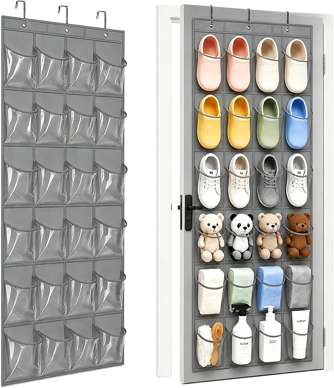 Over The Door Shoe Organizer - Space Saving Shoe Rack for Closet Door with 24 Crystal Clear Pockets and Metal Hooks, Shoe Holder Back of Door Organizers for Shoes, Gray Hanging Shoe Organizer (Gray)