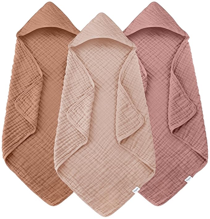 Muslin Hooded Baby Bath Towels - 3 Pack 100% Cotton Ultra-Soft Towels for Newborns, Infants, Toddlers - 32x32 Inch - Highly Absorbent, Quick-Dry Essentials for Bath, Beach, Pool, Bean Paste Series