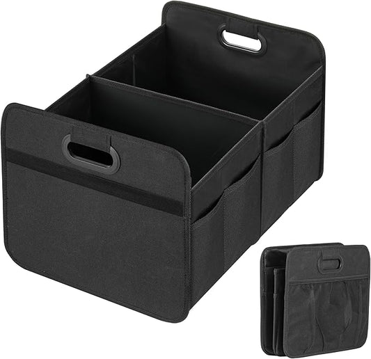 YSSOA Car Trunk Organizer, Collapsible 2 Compartment Non-Slip Bottom, Waterproof Car Storage Box, 600D Oxford Polyester Sturdy Accessories for SUV, Minivan, 50L, Black