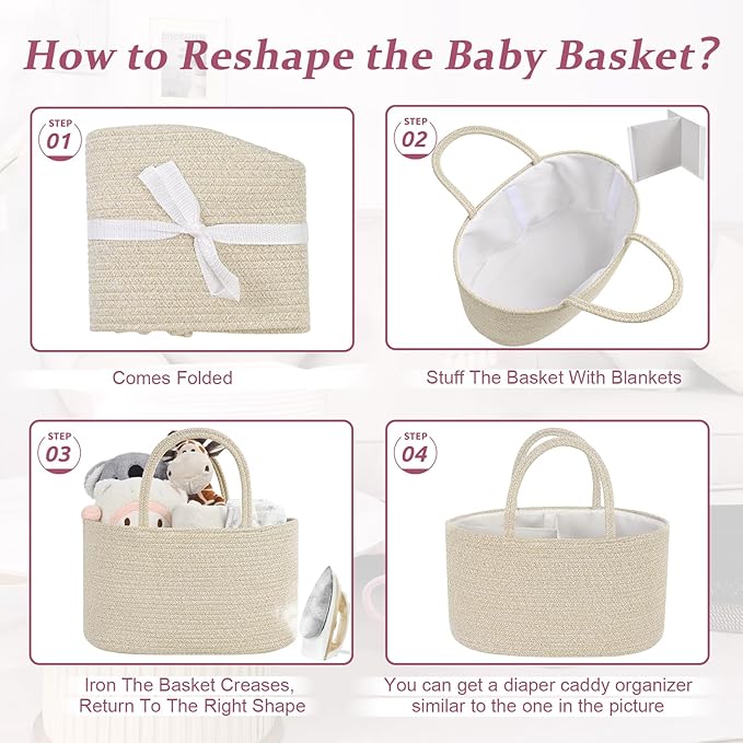 Baby Diaper Caddy Organizer, Cotton Rope Diaper Basket, Baby Basket for Changing Table, Nursery, Car, Changing Table Storage Bin With Removable Divider, Baby Shower Gifts for Newborn, Baby Essentials
